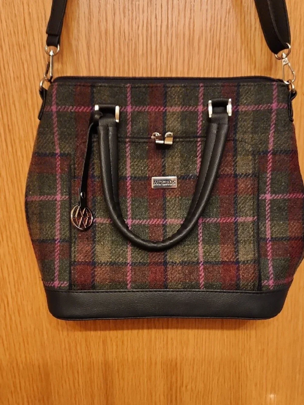 Mucros Green and Purple Plaid Satchel with Black Trim